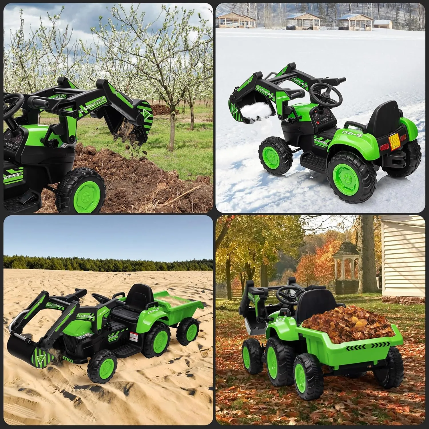 12V 3 in 1 Kids Ride On Excavator & Tractor with Detachable Trailer, Kids Electric Vehicles with Remote Control, Digger, LED Lights, Music, Ride On Car Toy for Boys Girls, Green