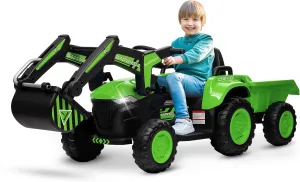 12V 3 in 1 Kids Ride On Excavator & Tractor with Detachable Trailer, Kids Electric Vehicles with Remote Control, Digger, LED Lights, Music, Ride On Car Toy for Boys Girls, Green