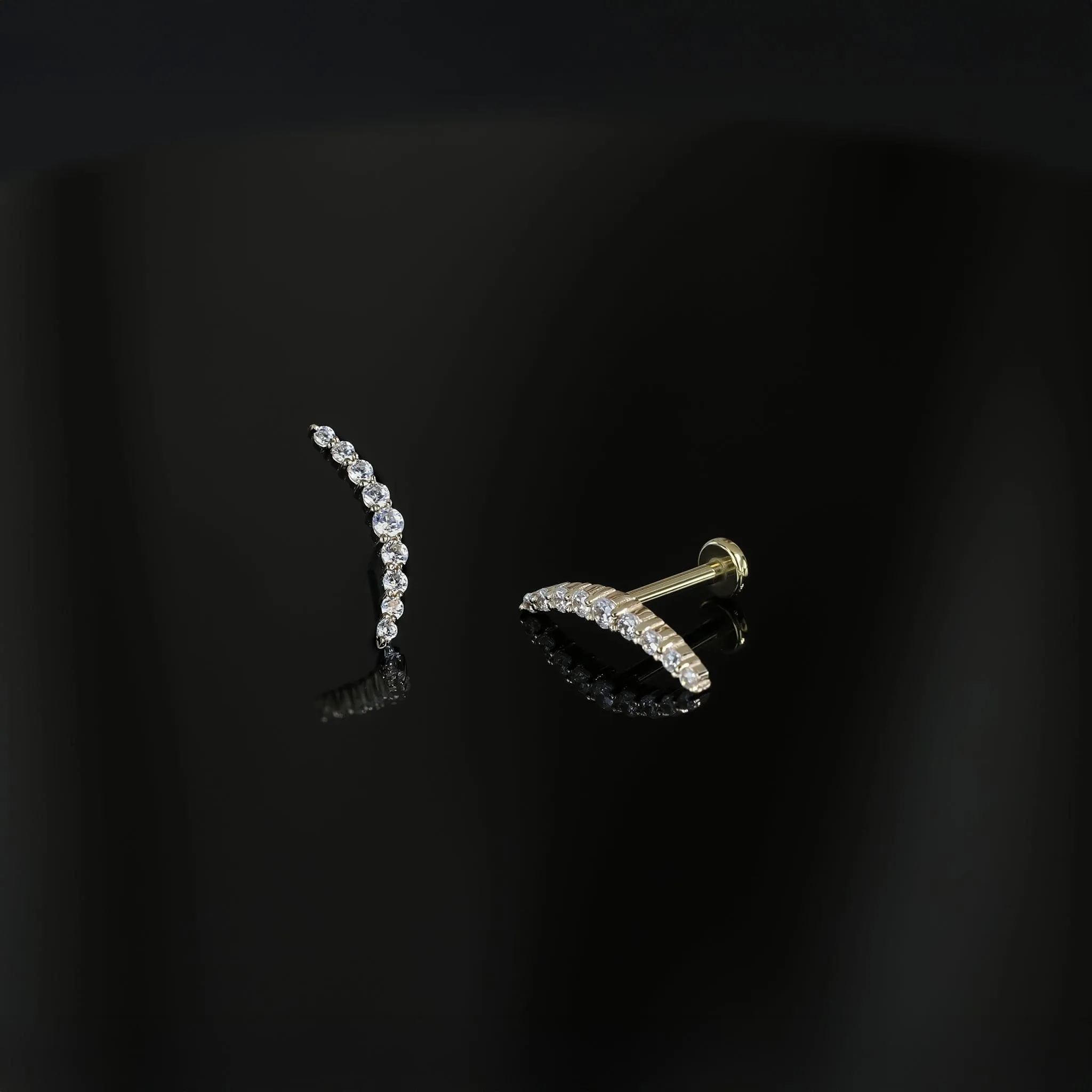 14K Gold CZ Curved Bar Threadless Ends
