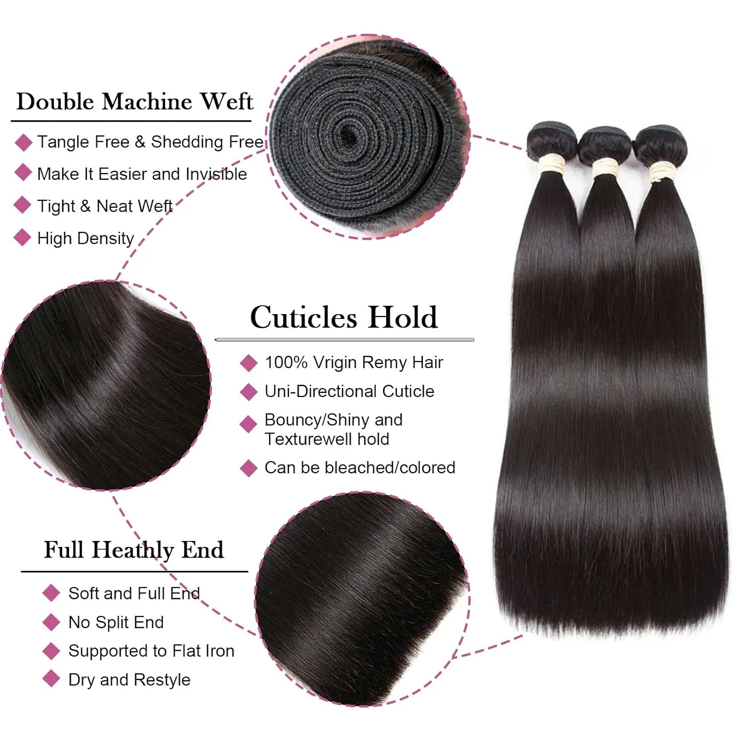 16A Indian Virgin Straight Hair Bundles - 3pcs 10/12/14 Inch Glossy Raw Hair Extensions for Black Women - 100% Unprocessed Temple Hair, Shed-Free & Silk Press Perfected