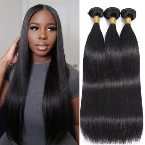 16A Indian Virgin Straight Hair Bundles - 3pcs 10/12/14 Inch Glossy Raw Hair Extensions for Black Women - 100% Unprocessed Temple Hair, Shed-Free & Silk Press Perfected