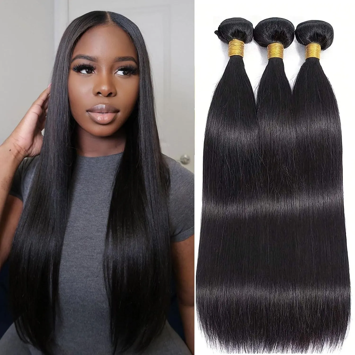 16A Indian Virgin Straight Hair Bundles - 3pcs 10/12/14 Inch Glossy Raw Hair Extensions for Black Women - 100% Unprocessed Temple Hair, Shed-Free & Silk Press Perfected