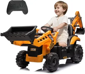 24V JCB Ride On Excavator, Construction Electric Vehicle for Kids 3-8 with Tractor, Bulldozer, Digging Arm, Remote Control, Adjustable Speeds, Yellow