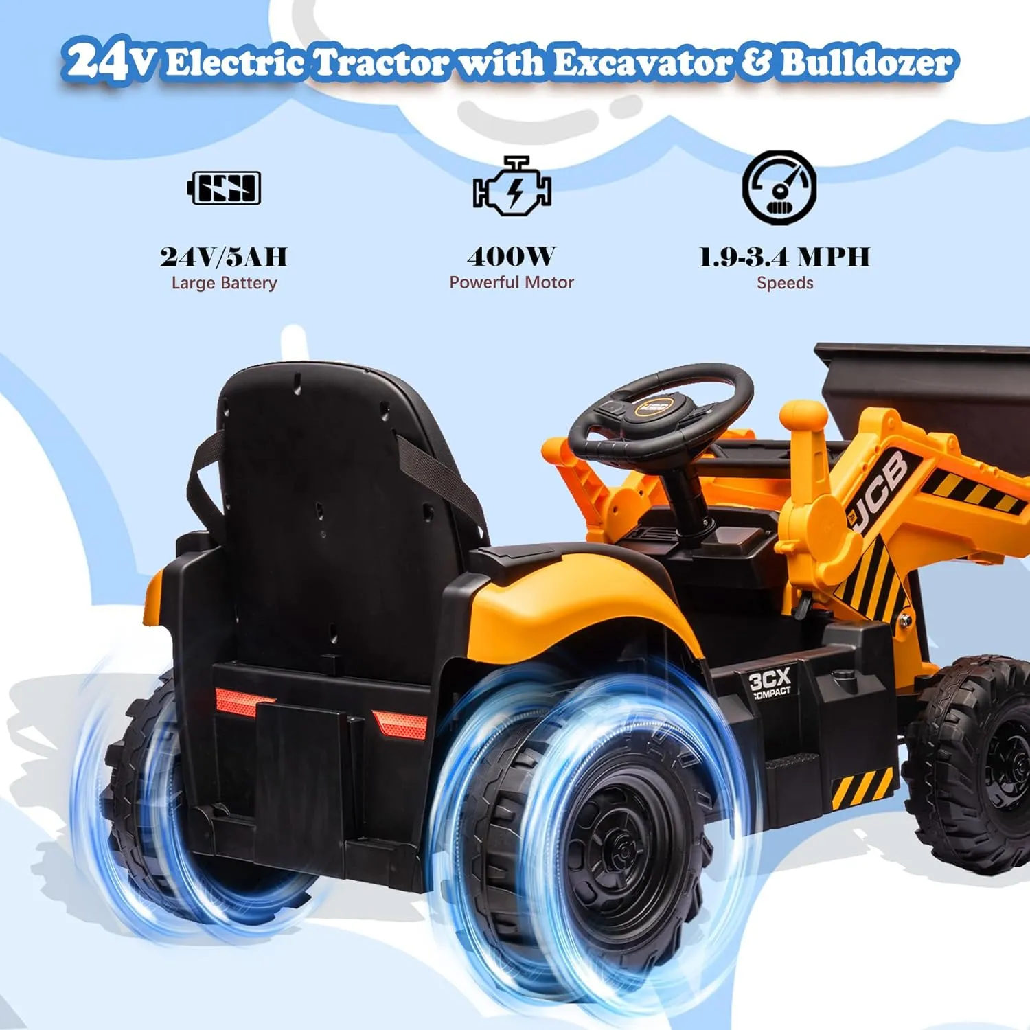 24V JCB Ride On Excavator, Construction Electric Vehicle for Kids 3-8 with Tractor, Bulldozer, Digging Arm, Remote Control, Adjustable Speeds, Yellow