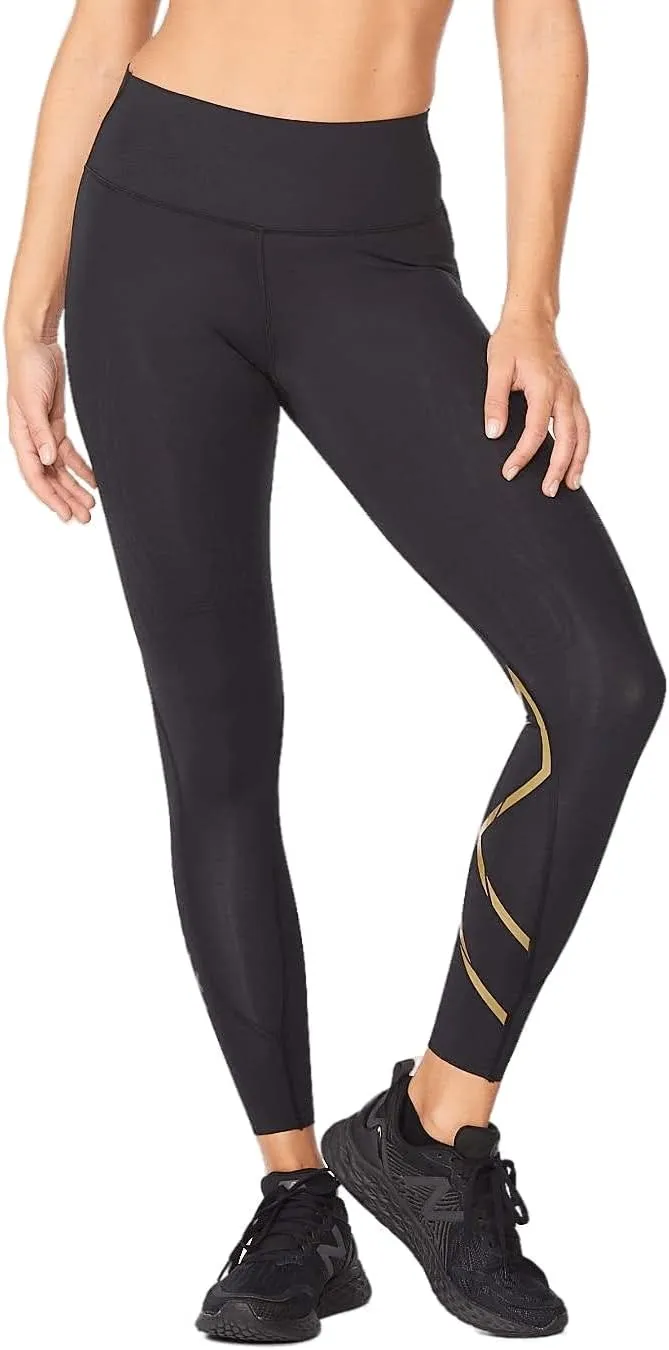 2XU Womens Force Mid-Rise Compression Tights with Flat-Wide Waistband for Training and Fitness, Black/Gold, X-Large