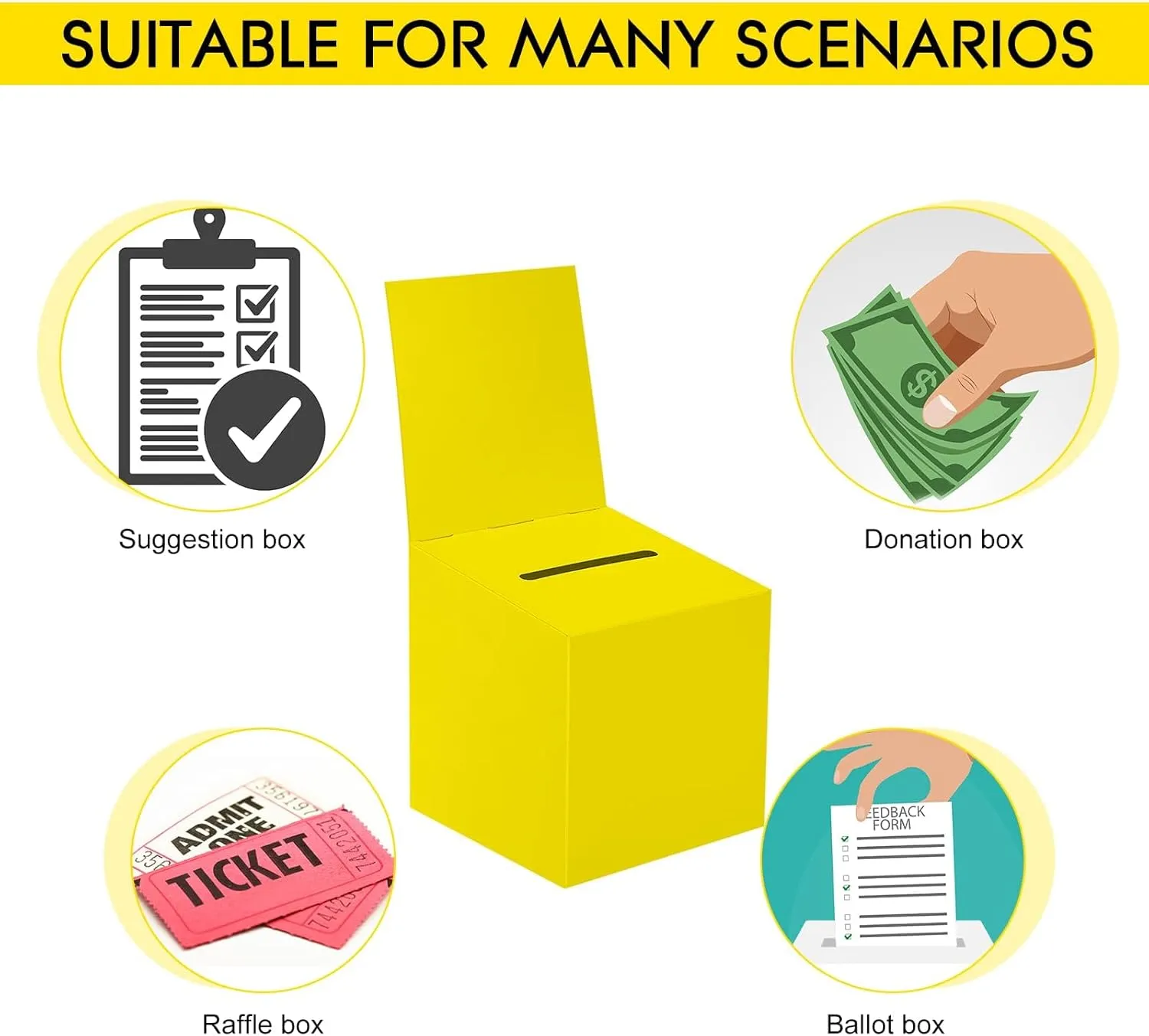30 Pack Raffle Boxes Ballot Box Suggestion Box with Slot, 6 x 6 x 6 Inch Cardboard Raffle Boxes with Slot for Ticket and Removable Header for Collecting Business Card Voting Contest (Yellow)