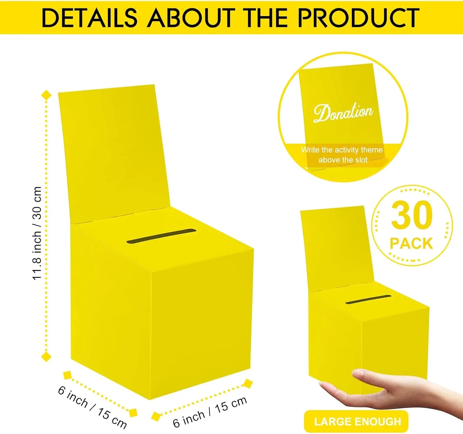 30 Pack Raffle Boxes Ballot Box Suggestion Box with Slot, 6 x 6 x 6 Inch Cardboard Raffle Boxes with Slot for Ticket and Removable Header for Collecting Business Card Voting Contest (Yellow)