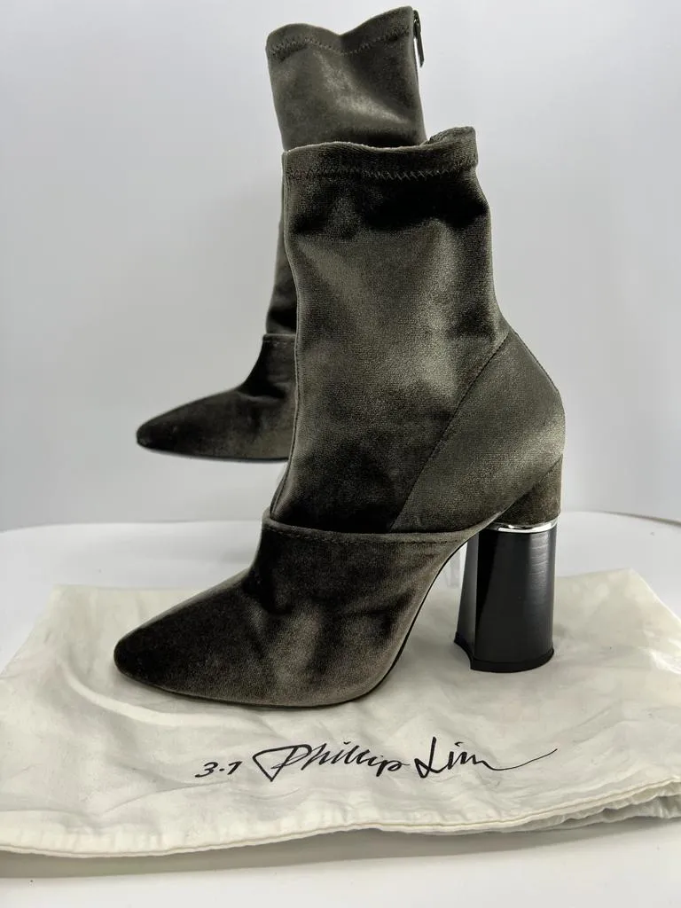 3.1 PHILLIP LIM METALLIC OLIVE VELVET ANKLE BOOTS