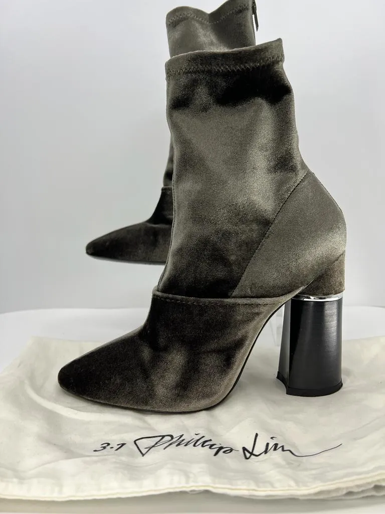 3.1 PHILLIP LIM METALLIC OLIVE VELVET ANKLE BOOTS