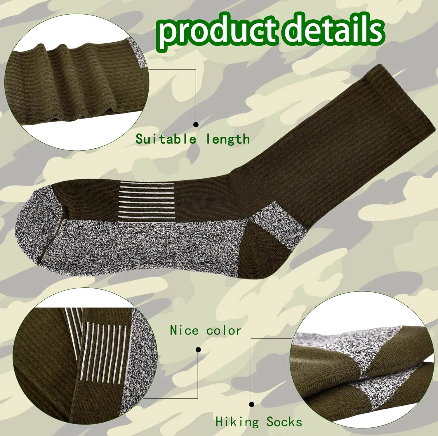 5 Pairs Mens Military Socks Army Green Hiking Sock Crew Boot Socks for Soldier Policemen Work Sports Hiking