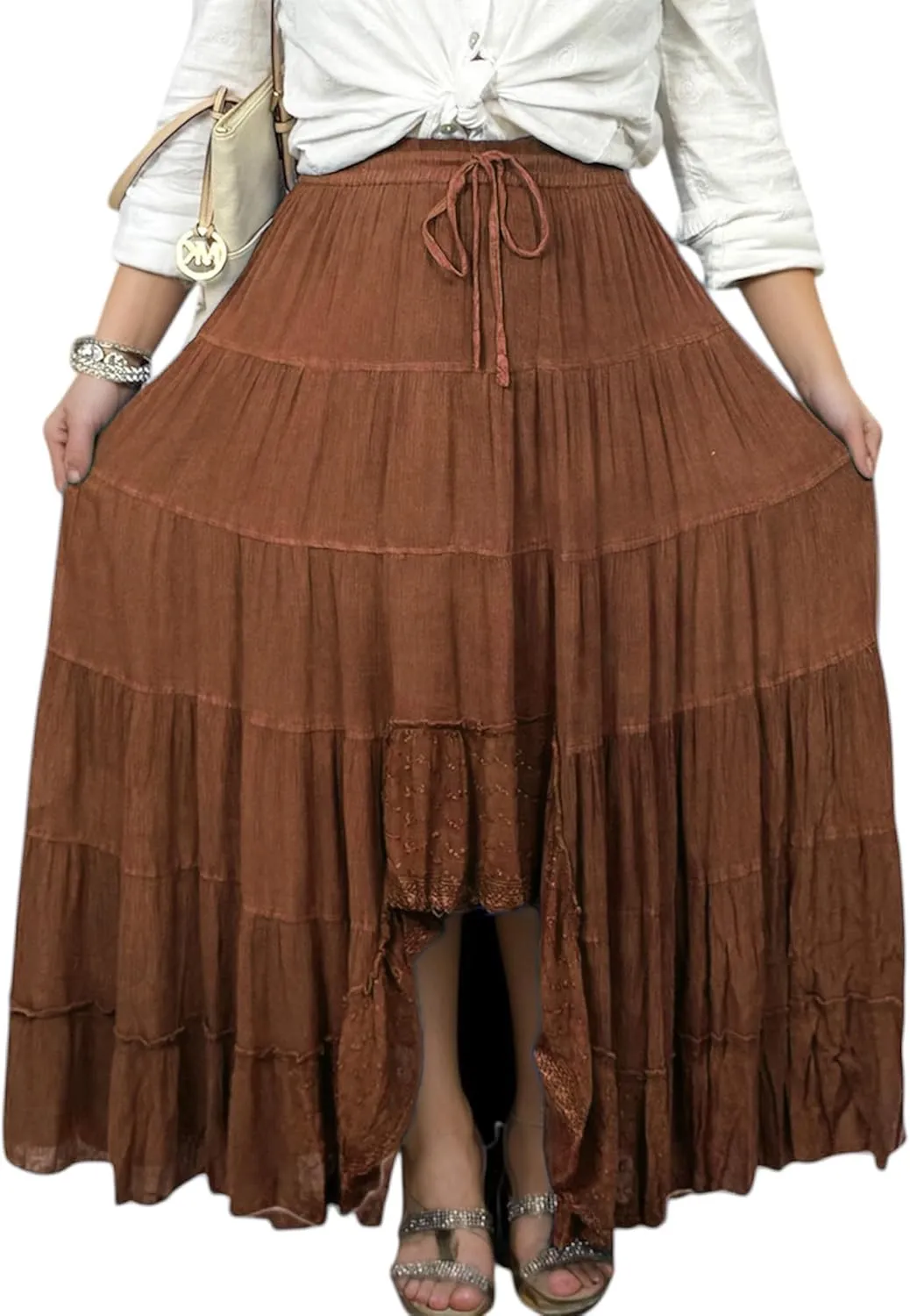 Agan Traders Women's 2025 Spring Peasant Tiered A Line Flared High Low Elastic Waistband Flowy Long Maxi Skirt