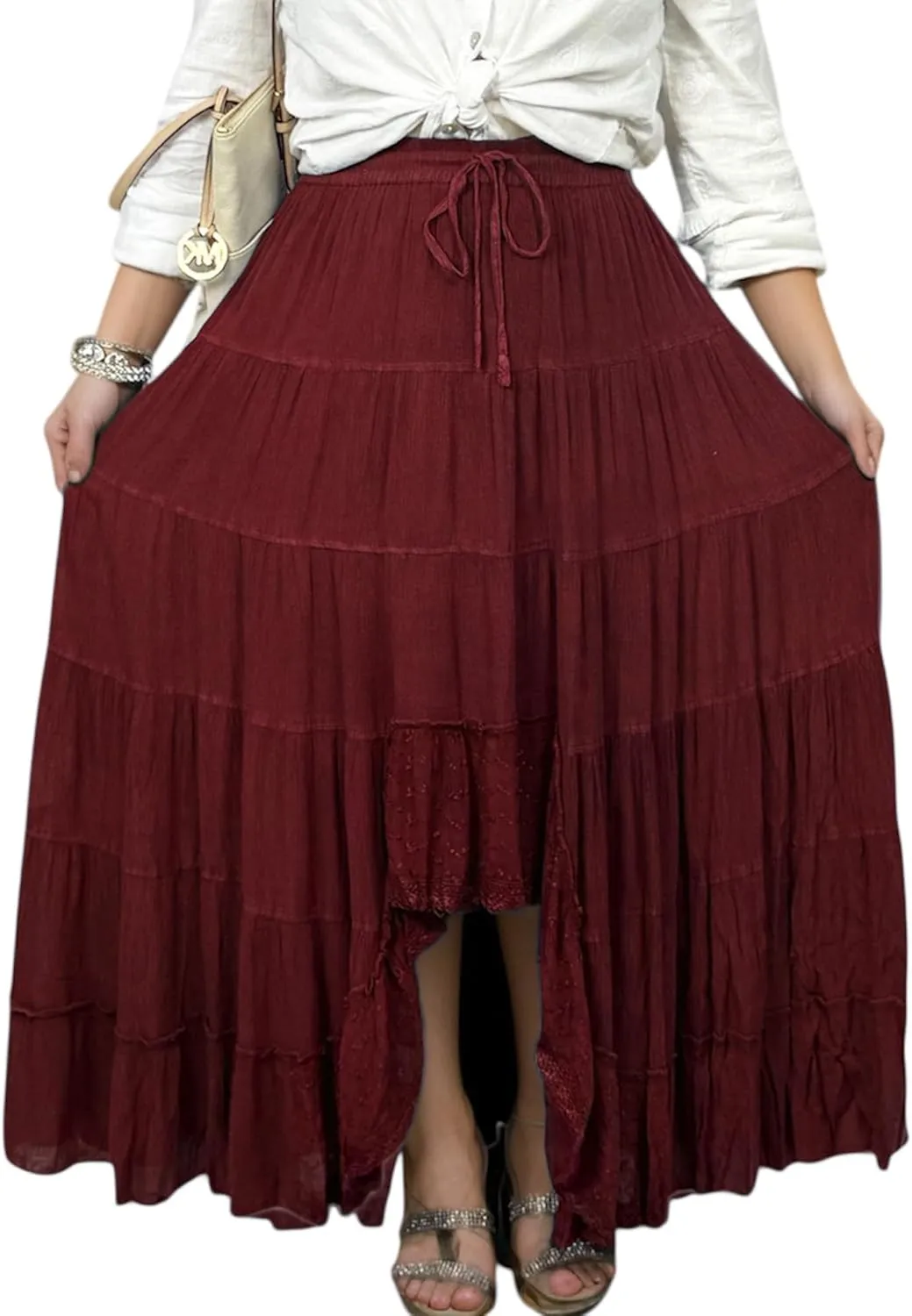 Agan Traders Women's 2025 Spring Peasant Tiered A Line Flared High Low Elastic Waistband Flowy Long Maxi Skirt