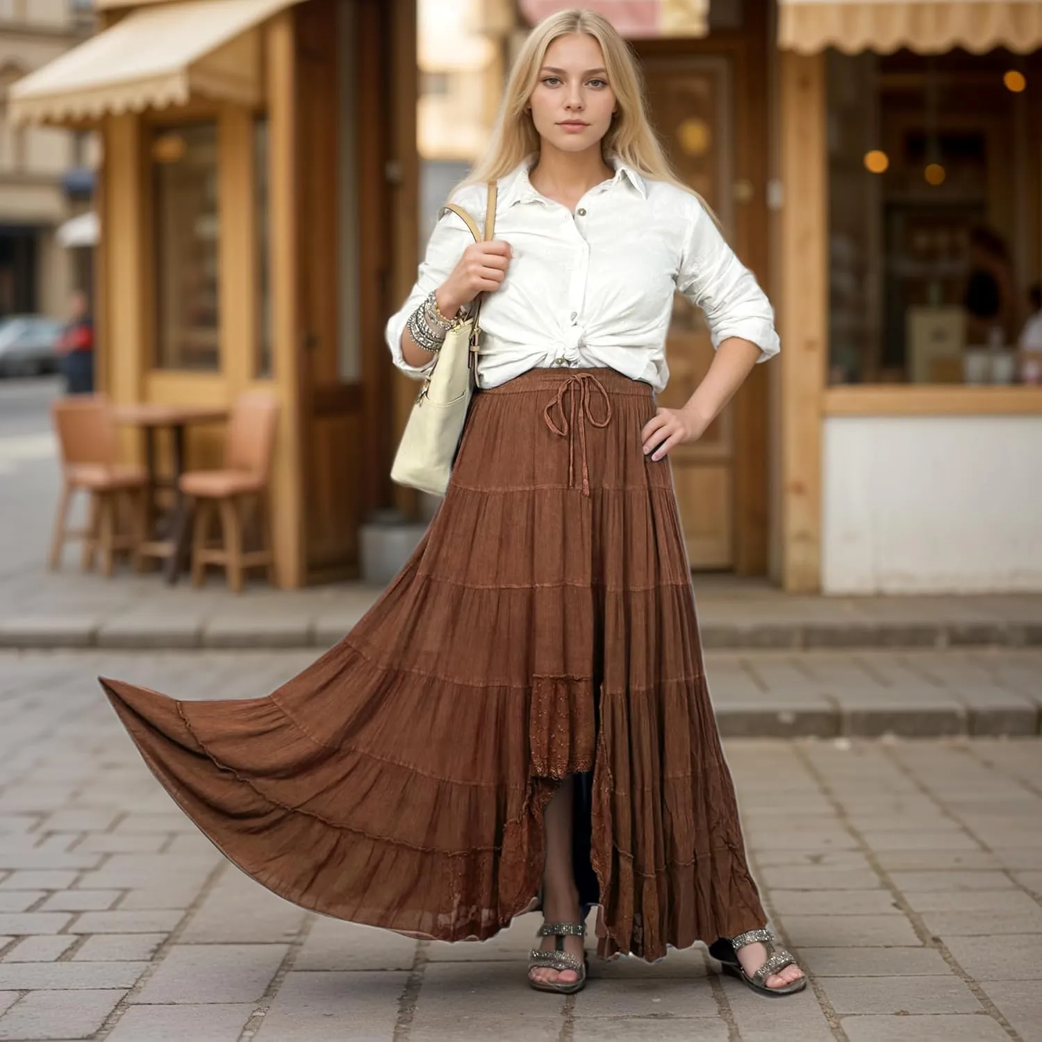 Agan Traders Women's 2025 Spring Peasant Tiered A Line Flared High Low Elastic Waistband Flowy Long Maxi Skirt