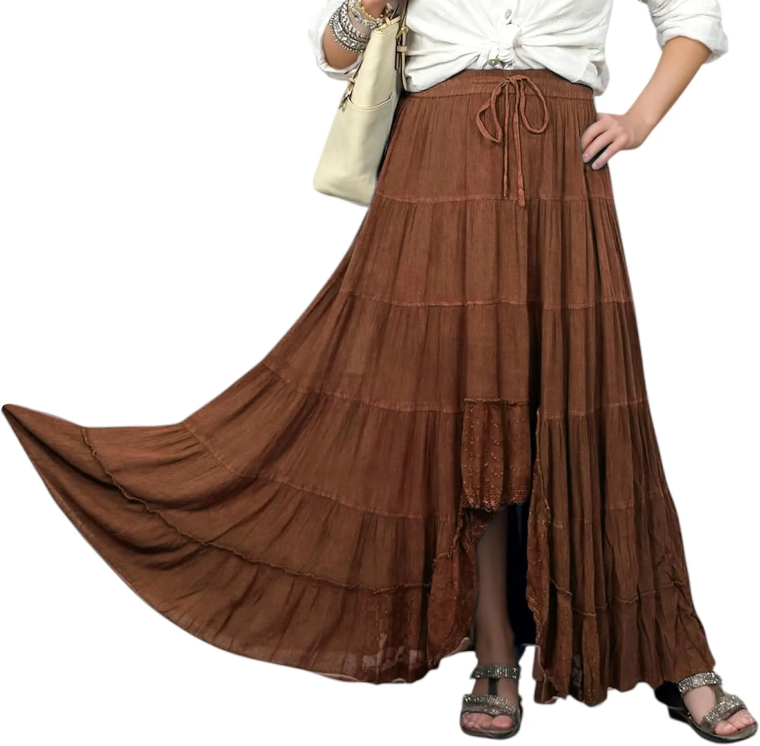 Agan Traders Women's 2025 Spring Peasant Tiered A Line Flared High Low Elastic Waistband Flowy Long Maxi Skirt