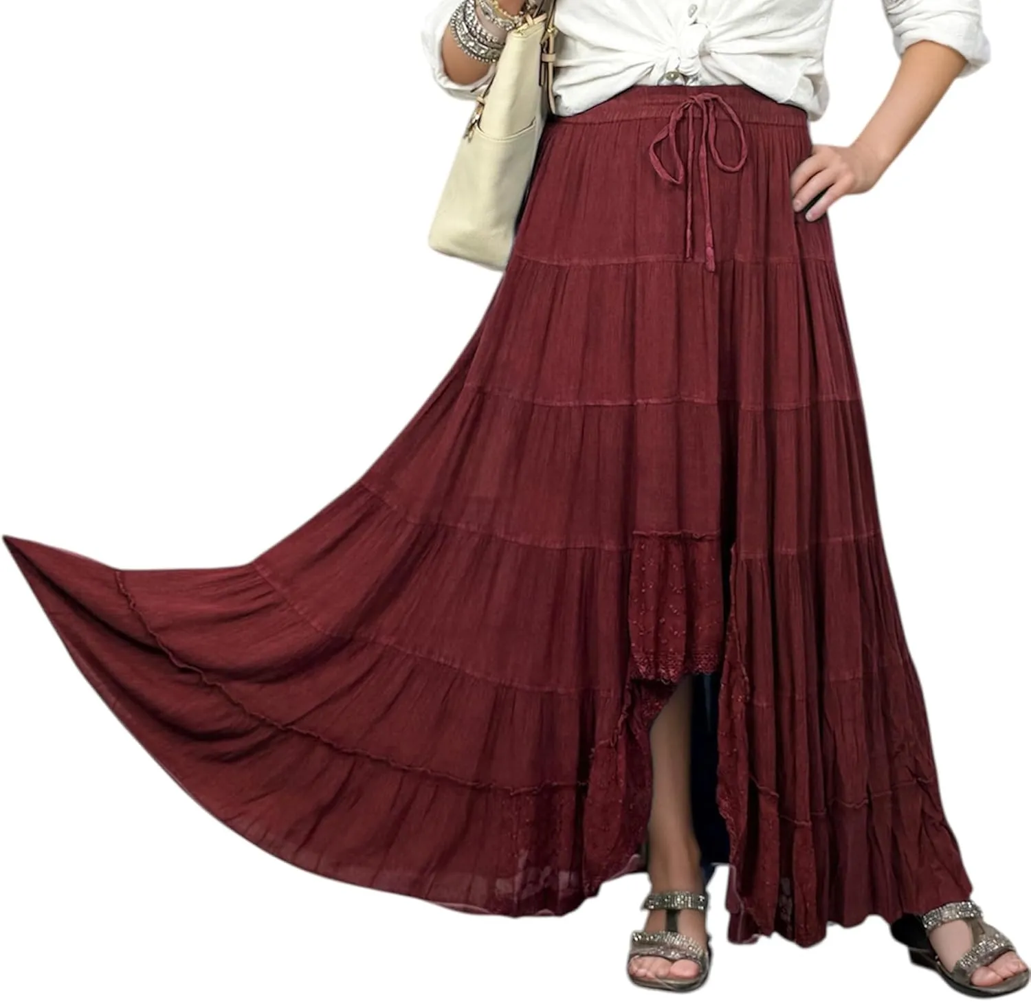 Agan Traders Women's 2025 Spring Peasant Tiered A Line Flared High Low Elastic Waistband Flowy Long Maxi Skirt