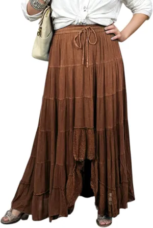 Agan Traders Women's 2025 Spring Peasant Tiered A Line Flared High Low Elastic Waistband Flowy Long Maxi Skirt