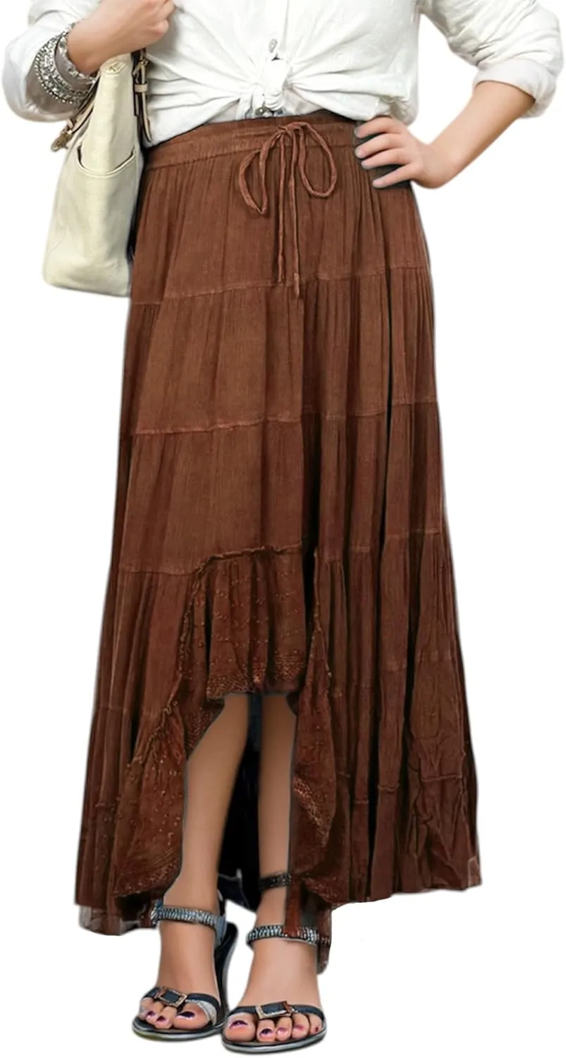 Agan Traders Women's 2025 Spring Peasant Tiered A Line Flared High Low Elastic Waistband Flowy Long Maxi Skirt