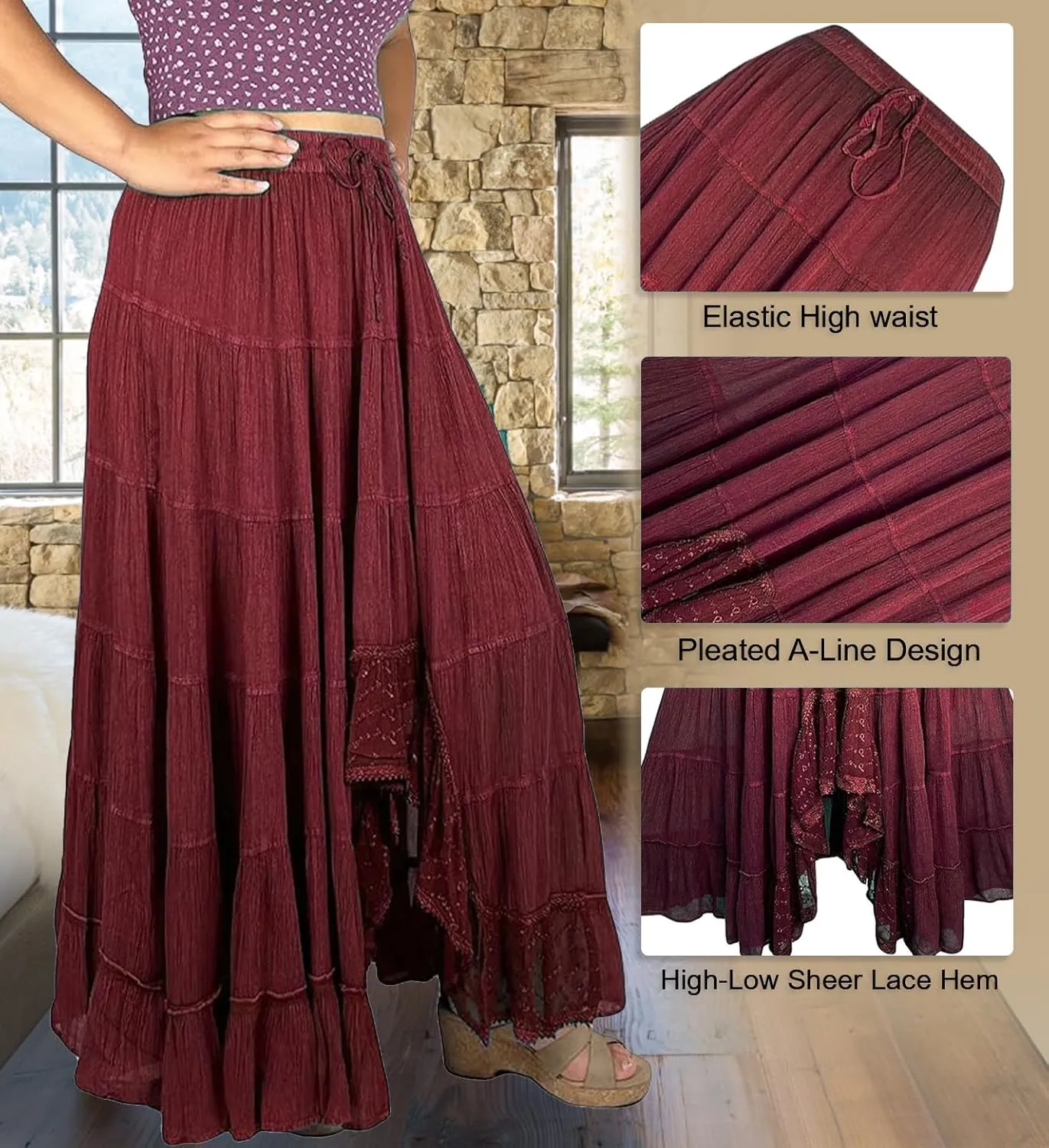 Agan Traders Women's 2025 Spring Peasant Tiered A Line Flared High Low Elastic Waistband Flowy Long Maxi Skirt