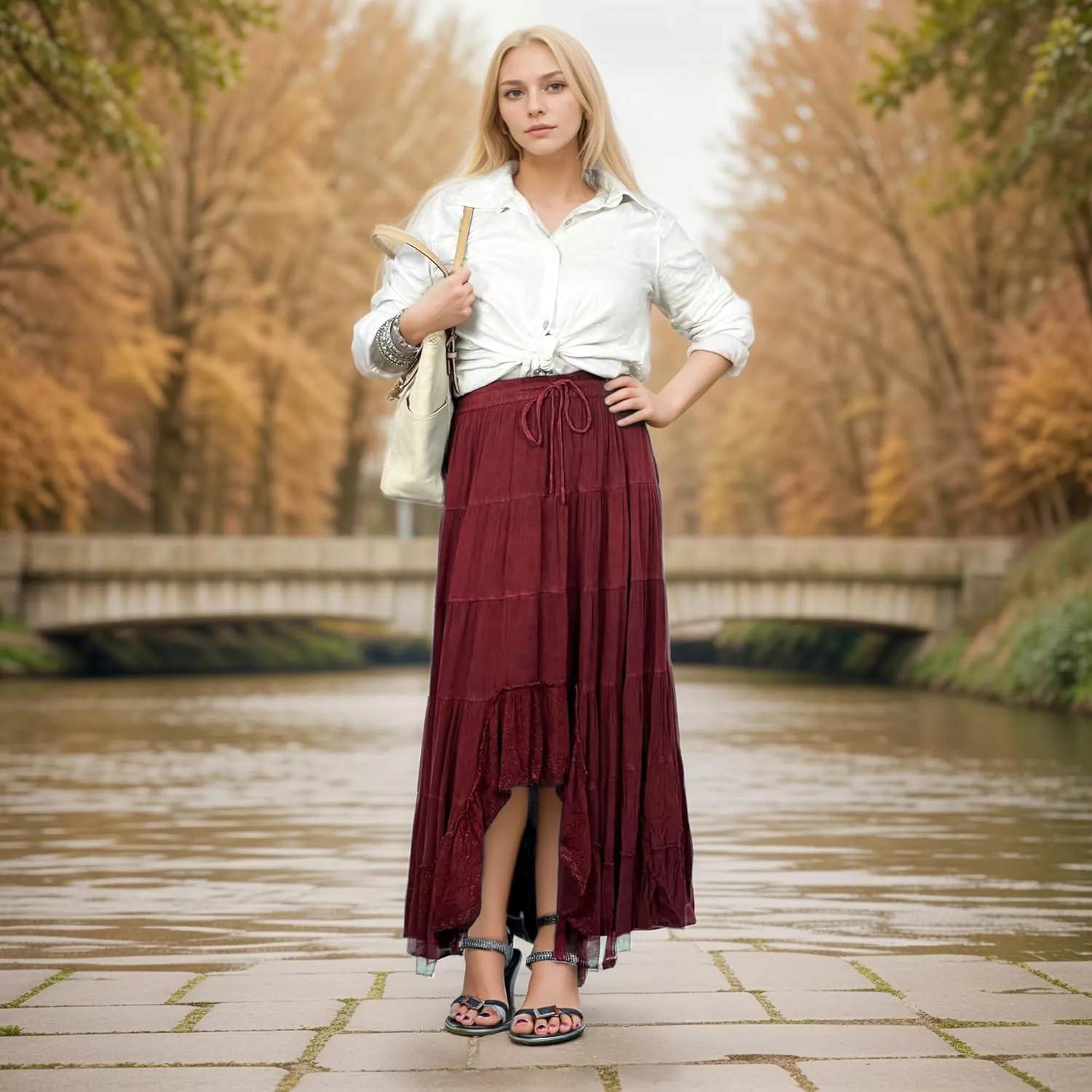 Agan Traders Women's 2025 Spring Peasant Tiered A Line Flared High Low Elastic Waistband Flowy Long Maxi Skirt