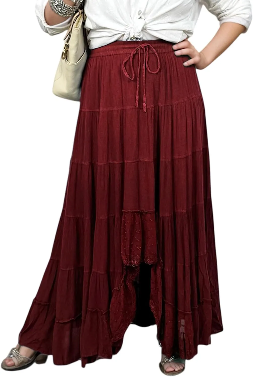 Agan Traders Women's 2025 Spring Peasant Tiered A Line Flared High Low Elastic Waistband Flowy Long Maxi Skirt