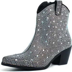 Agodor Rhinestone Cowboy Boots Women Glitter Chunky Heel Western Cowgirl Booties Sparkly Pointed Toe Wedding Shoes