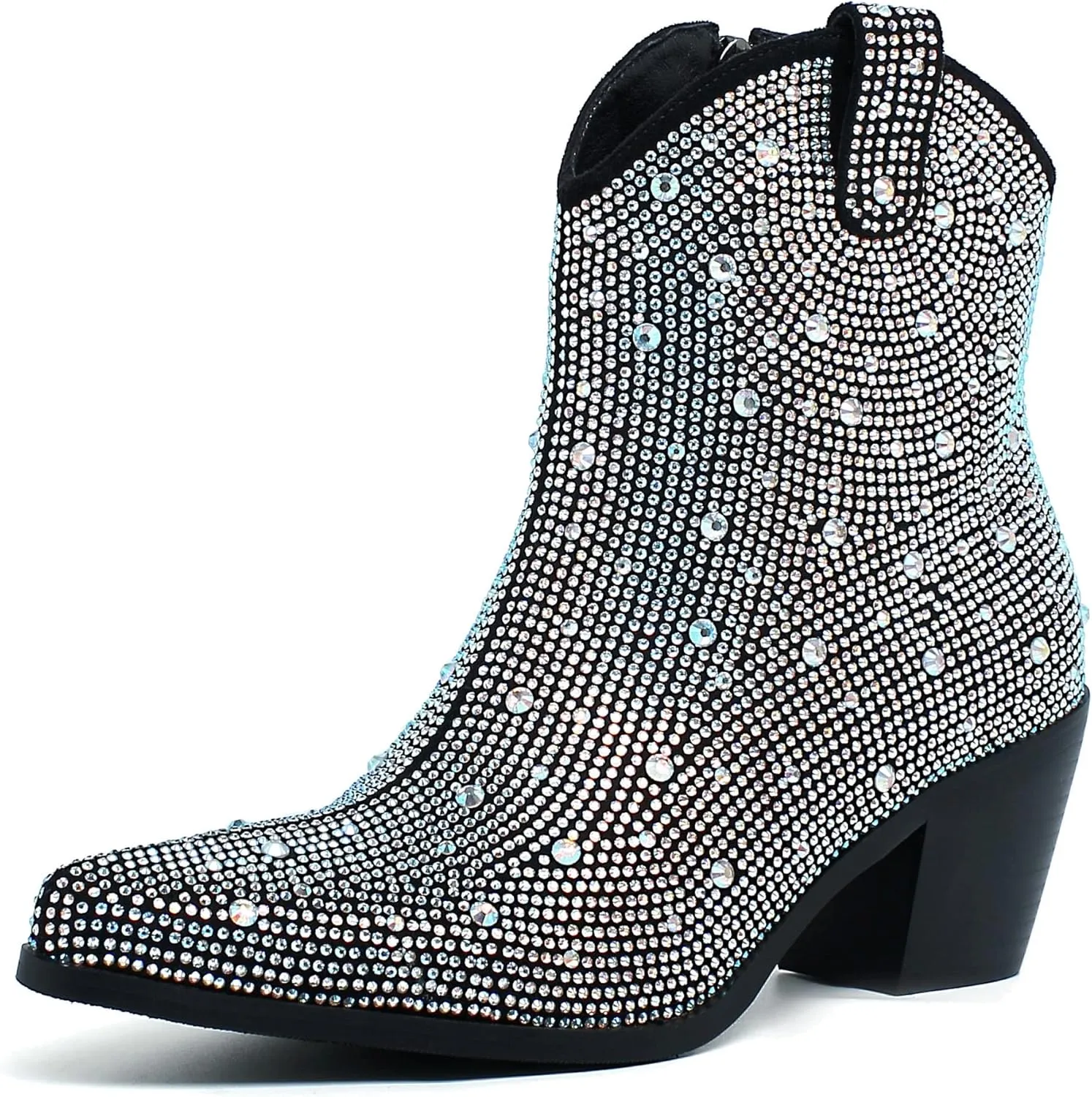 Agodor Rhinestone Cowboy Boots Women Glitter Chunky Heel Western Cowgirl Booties Sparkly Pointed Toe Wedding Shoes
