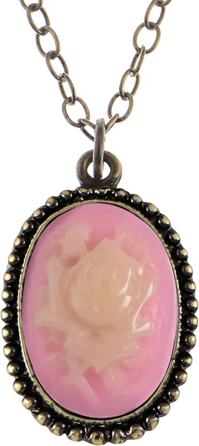 Alilang Antique Golden Tone Vintage Faux Suede Enamel Rose Oval Pendant Necklace
