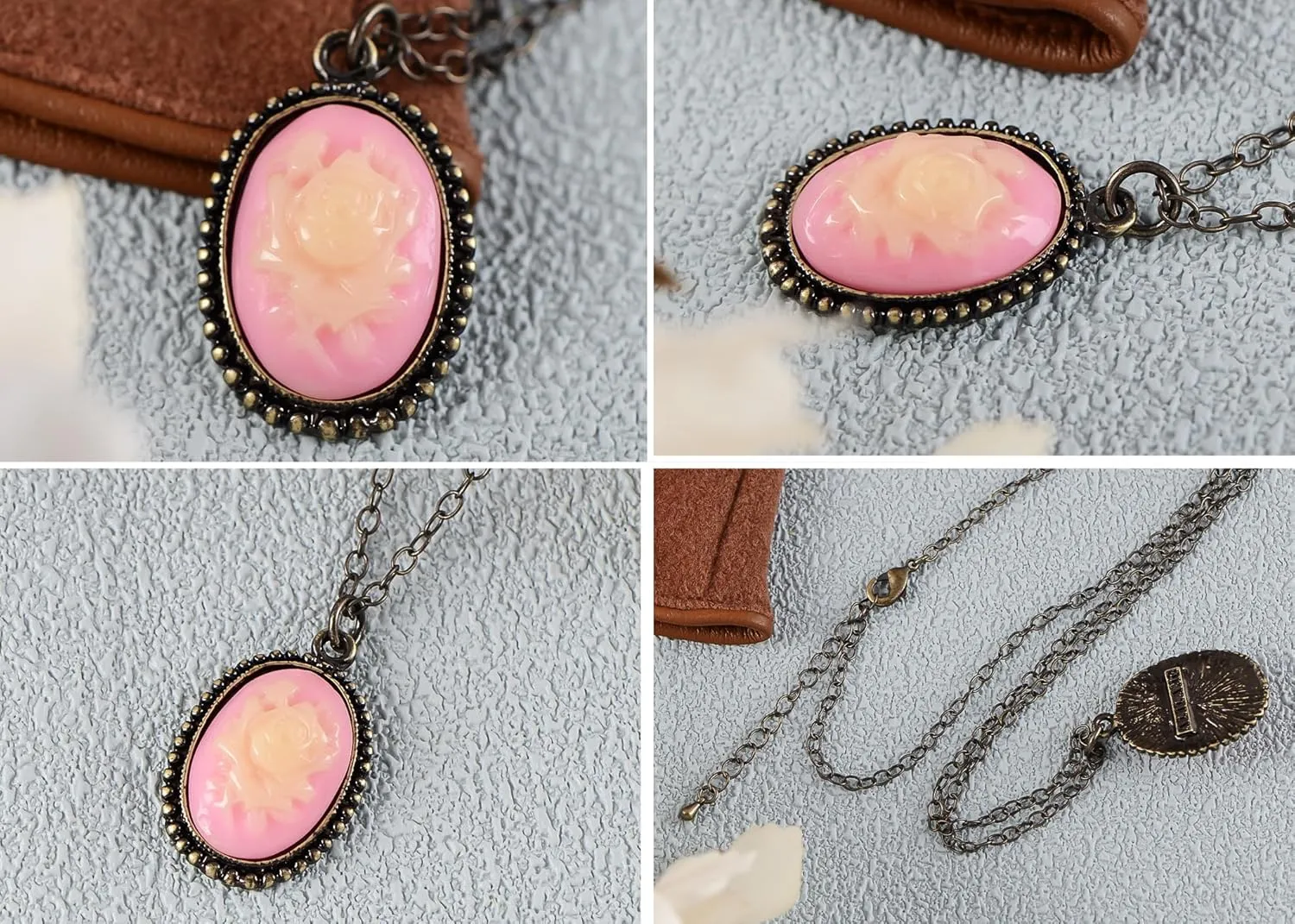 Alilang Antique Golden Tone Vintage Faux Suede Enamel Rose Oval Pendant Necklace