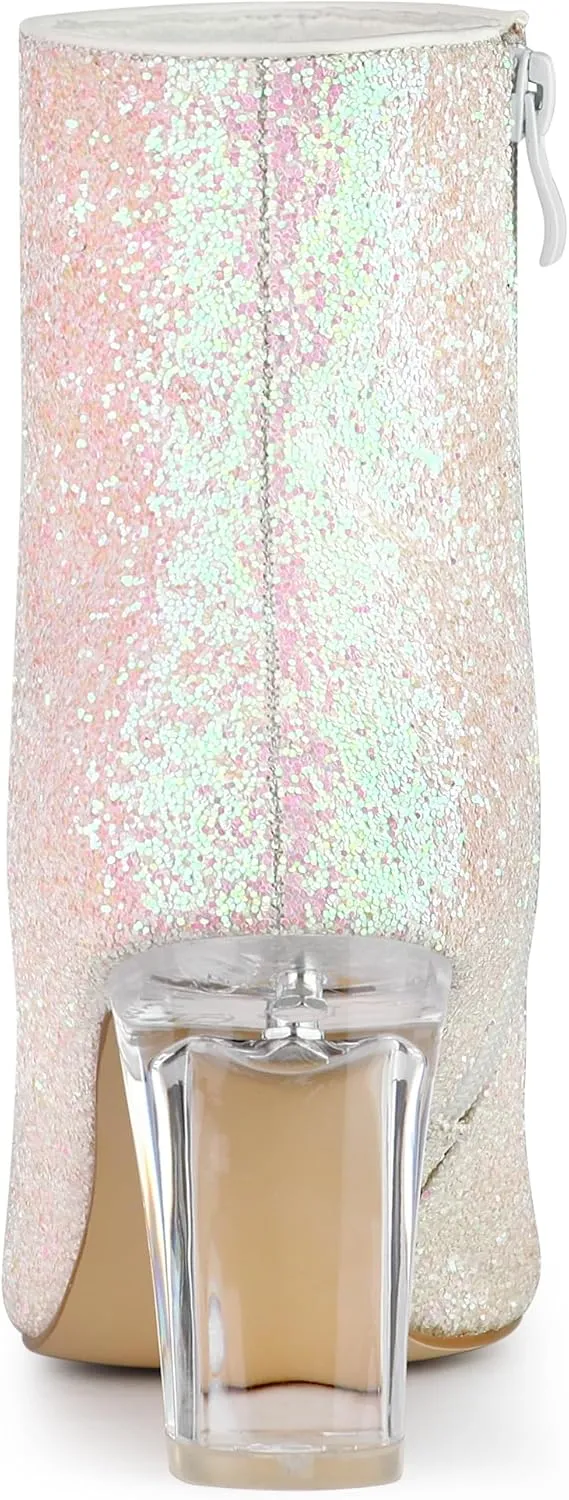 Allegra K Women's Clear Block Heel Glitter Ankle Boots