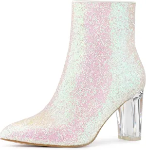 Allegra K Women's Clear Block Heel Glitter Ankle Boots
