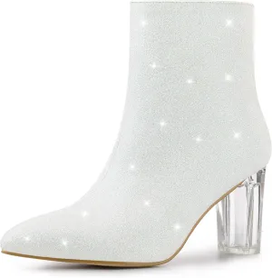 Allegra K Women's Clear Block Heel Glitter Ankle Boots