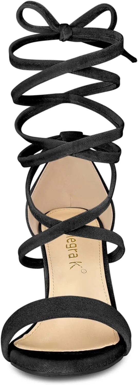 Allegra K Women's Faux Velvet Lace Up Chunky Heel Strappy Sandals