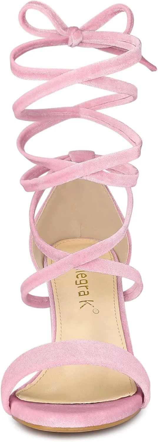 Allegra K Women's Faux Velvet Lace Up Chunky Heel Strappy Sandals
