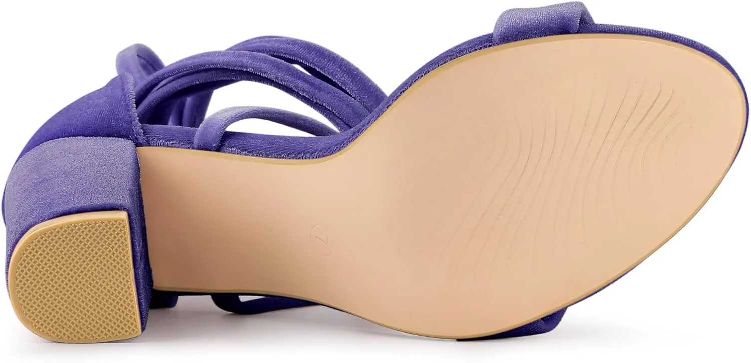 Allegra K Women's Faux Velvet Lace Up Chunky Heel Strappy Sandals