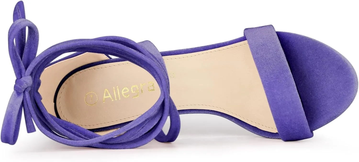 Allegra K Women's Faux Velvet Lace Up Chunky Heel Strappy Sandals