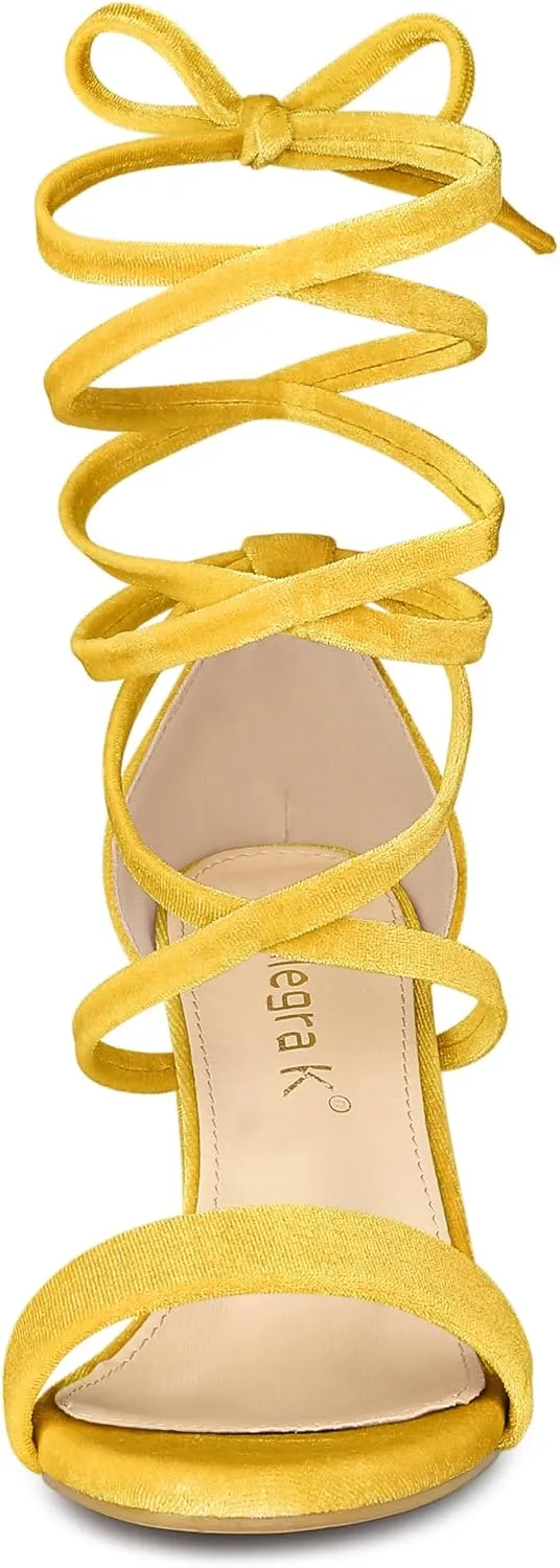 Allegra K Women's Faux Velvet Lace Up Chunky Heel Strappy Sandals