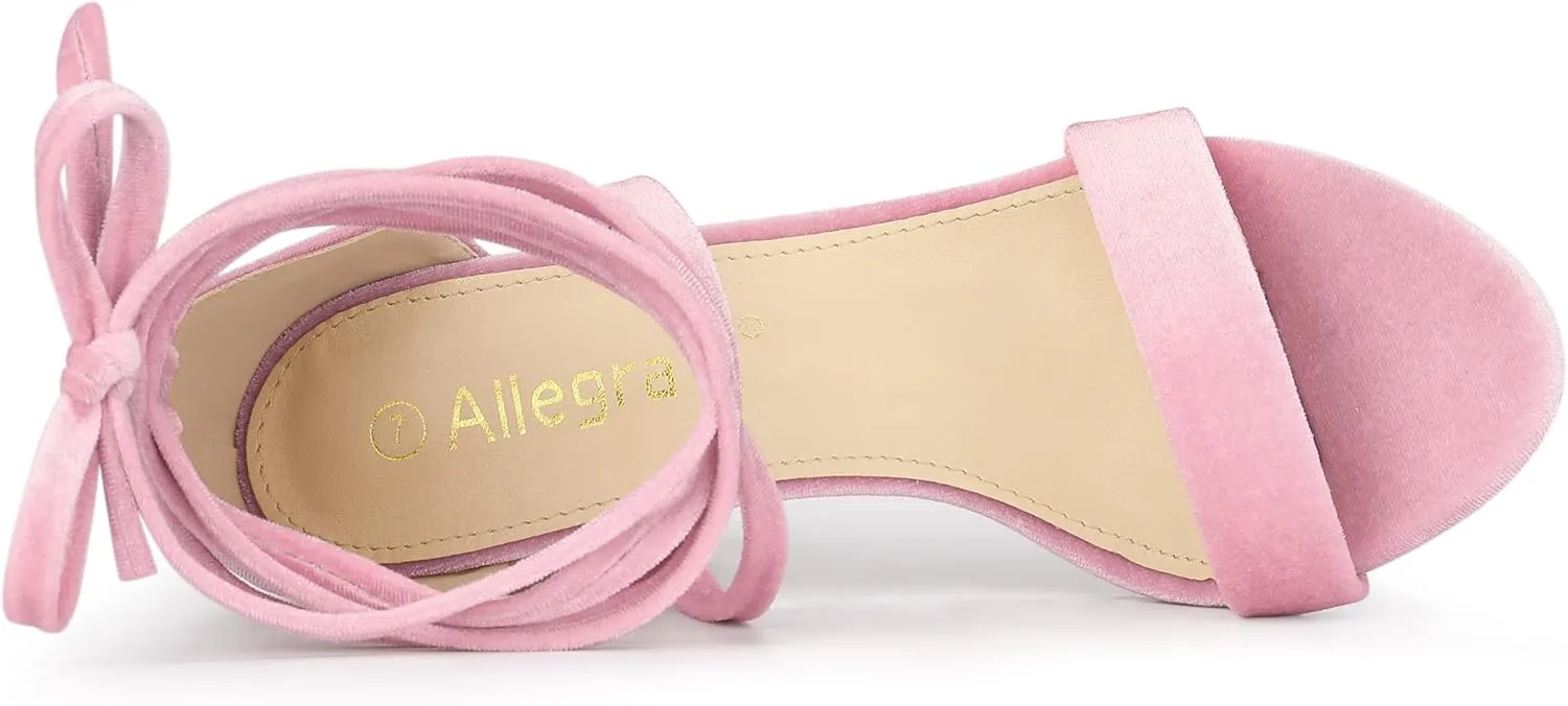 Allegra K Women's Faux Velvet Lace Up Chunky Heel Strappy Sandals