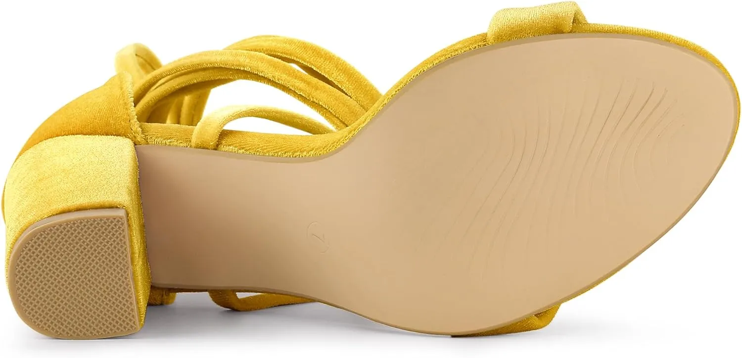 Allegra K Women's Faux Velvet Lace Up Chunky Heel Strappy Sandals