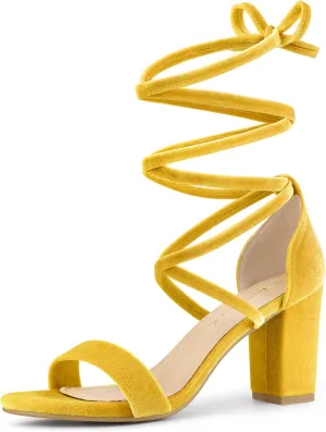 Allegra K Women's Faux Velvet Lace Up Chunky Heel Strappy Sandals