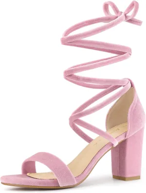 Allegra K Women's Faux Velvet Lace Up Chunky Heel Strappy Sandals