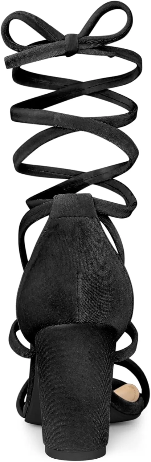 Allegra K Women's Faux Velvet Lace Up Chunky Heel Strappy Sandals