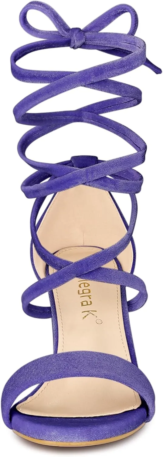 Allegra K Women's Faux Velvet Lace Up Chunky Heel Strappy Sandals