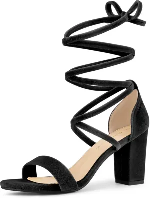 Allegra K Women's Faux Velvet Lace Up Chunky Heel Strappy Sandals