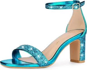Allegra K Women's Glitter Ankle Strap Chunky Heeled Sandals