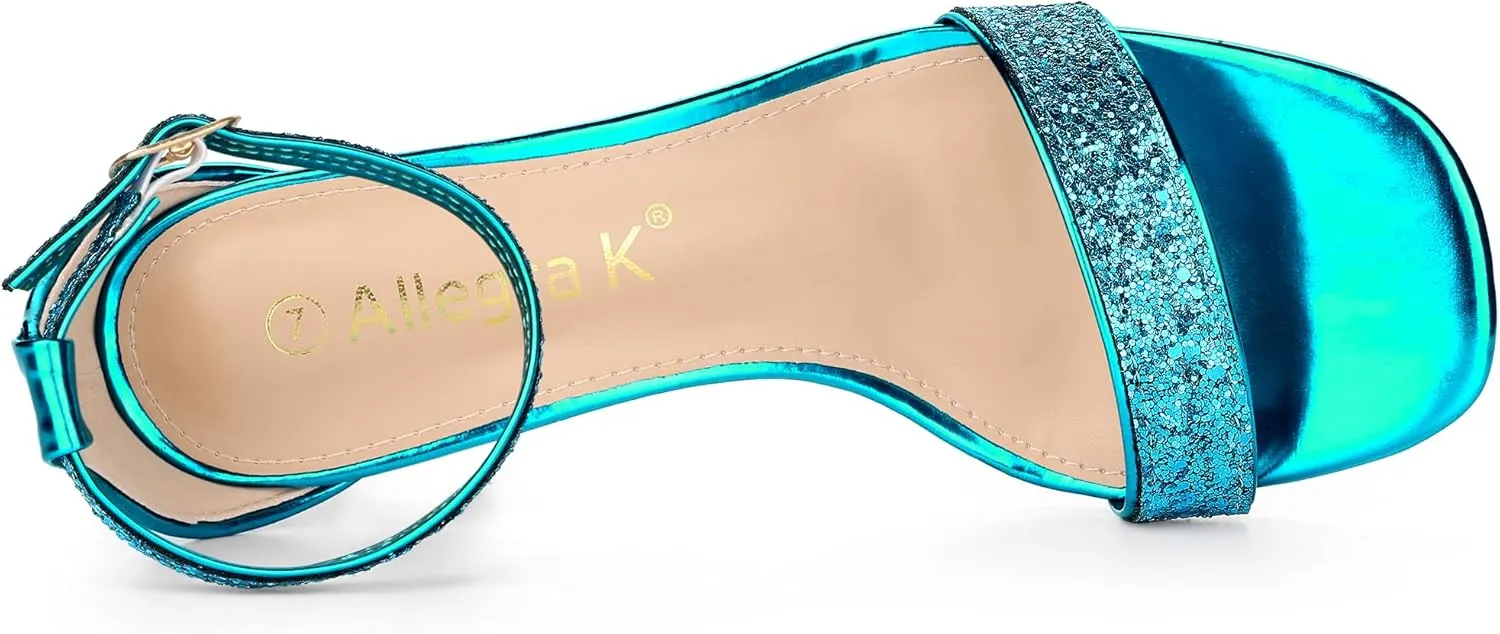 Allegra K Women's Glitter Ankle Strap Chunky Heeled Sandals
