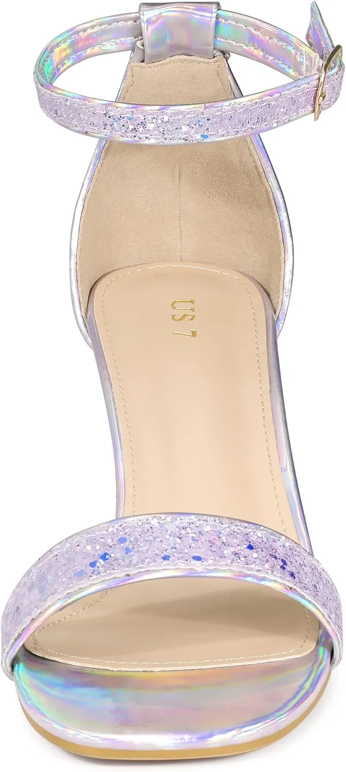 Allegra K Women's Glitter Ankle Strap Chunky Heeled Sandals