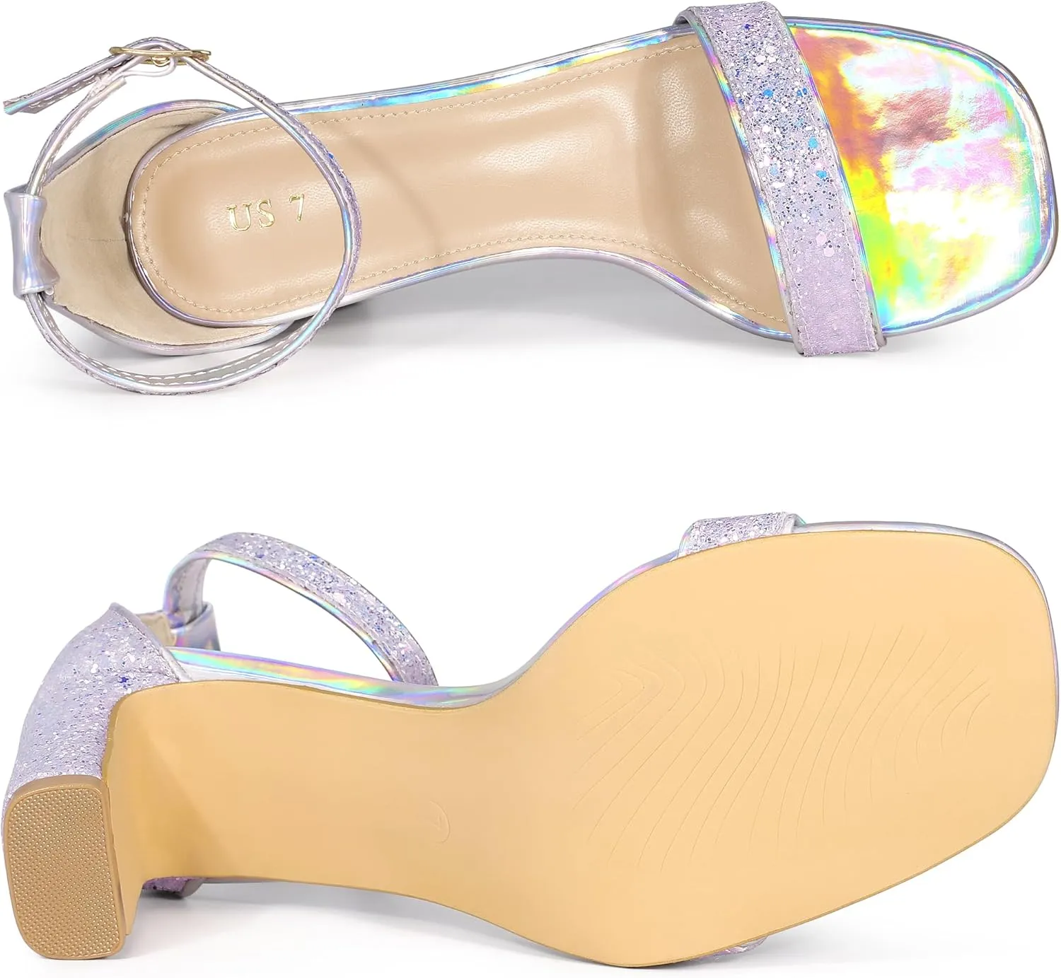 Allegra K Women's Glitter Ankle Strap Chunky Heeled Sandals