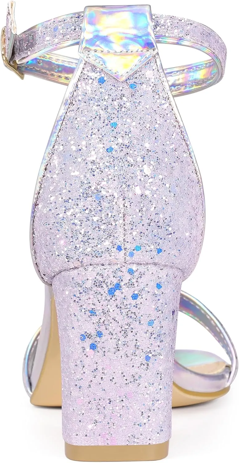 Allegra K Women's Glitter Ankle Strap Chunky Heeled Sandals