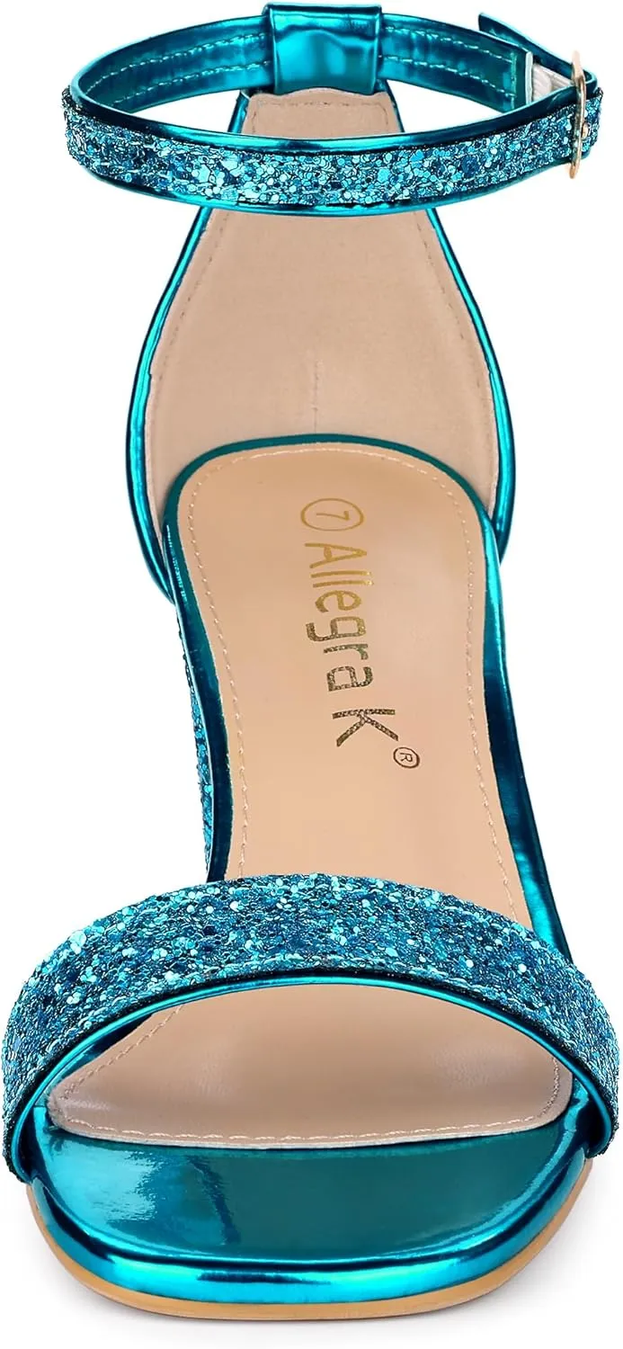 Allegra K Women's Glitter Ankle Strap Chunky Heeled Sandals