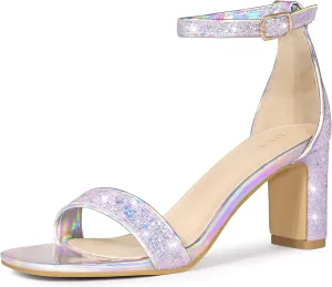 Allegra K Women's Glitter Ankle Strap Chunky Heeled Sandals